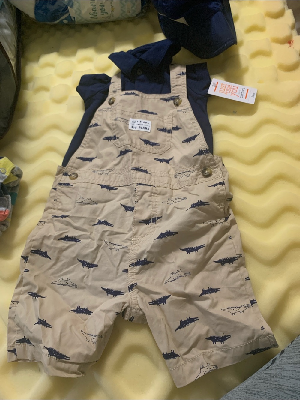 Carter's Beige Short Overalls with Navy Shark Print - Kids